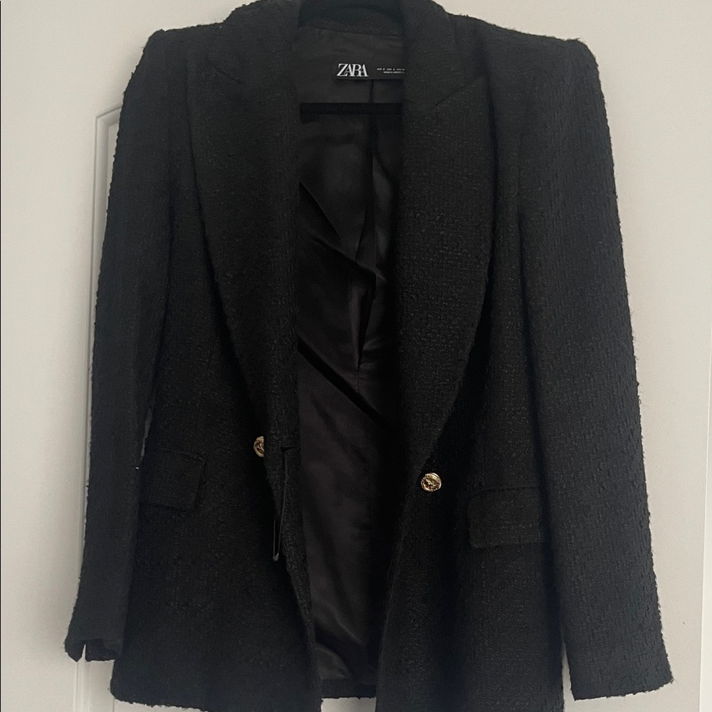 Zara Women's Tweed Black Blazer with Gold Accents